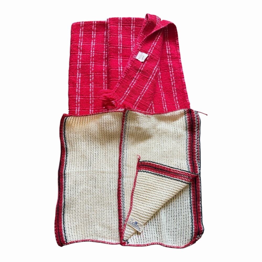 Vintage Cannon Bibb Kitchen Towel Lot Red Plaid Waffle Weave Retro Textiles